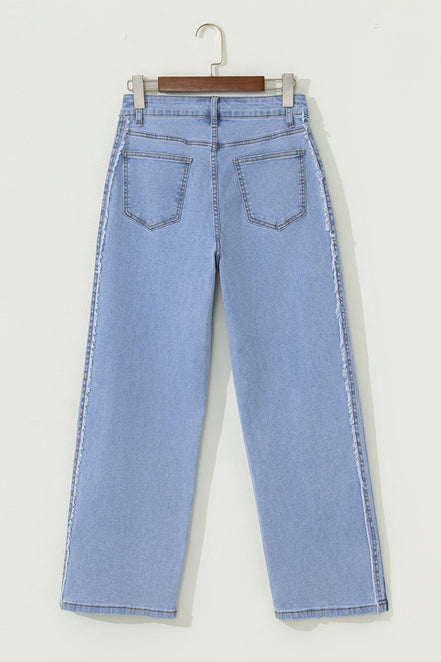 Denim Frayed Raw Edge Stripe Side Panel Jeans