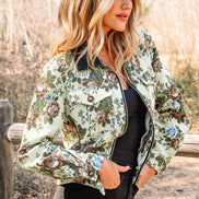 Floral Zip-Up Contrast Collared Jacket