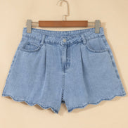 Solid Denim Scalloped Trim High Waist Shorts