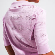 Knitted Pointelle Polo Neck Sweater in Pink