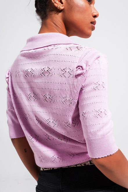Knitted Pointelle Polo Neck Sweater in Pink