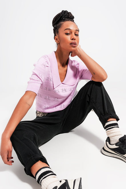 Knitted Pointelle Polo Neck Sweater in Pink