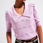 Knitted Pointelle Polo Neck Sweater in Pink