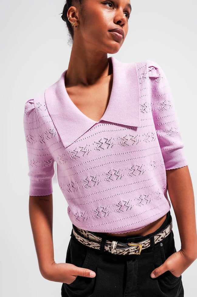 Knitted Pointelle Polo Neck Sweater in Pink