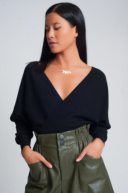 Knitted Sweater With Wrapped V-Neck