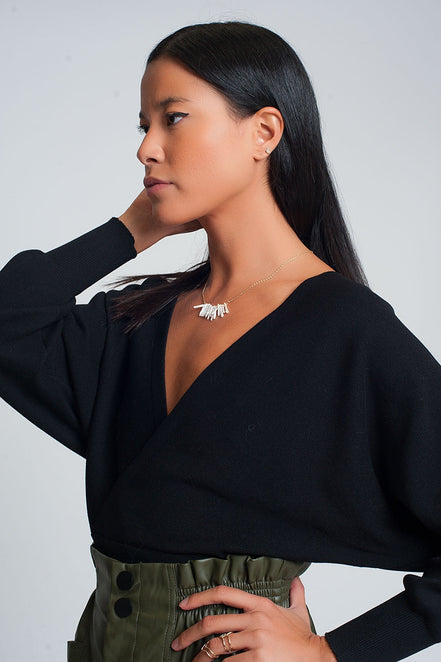 Knitted Sweater With Wrapped V-Neck