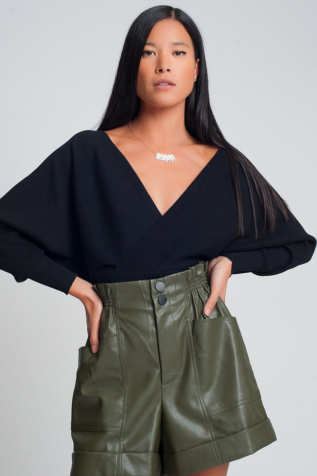 Knitted Sweater With Wrapped V-Neck