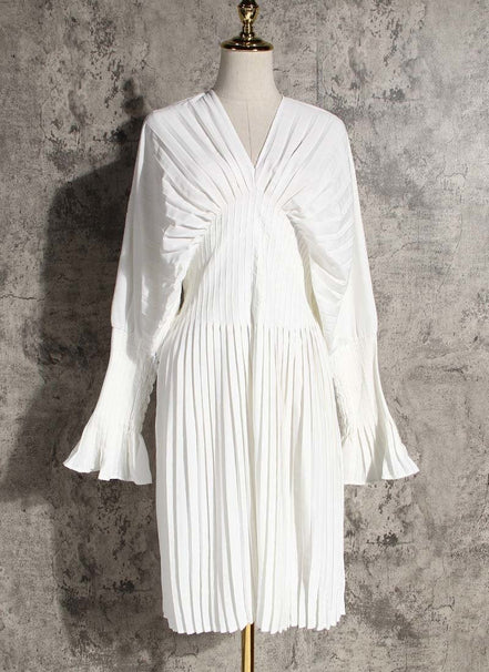 Pleated Long Sleeve Shirt Dress - White