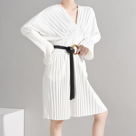 Pleated Long Sleeve Shirt Dress - White