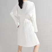 Pleated Long Sleeve Shirt Dress - White