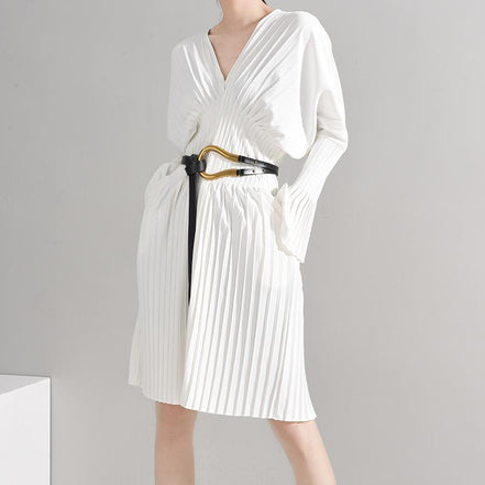 Pleated Long Sleeve Shirt Dress - White
