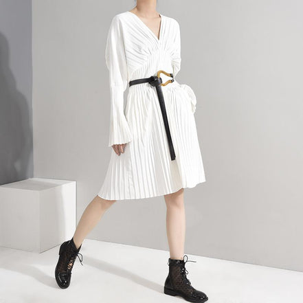 Pleated Long Sleeve Shirt Dress - White