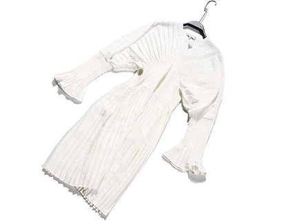 Pleated Long Sleeve Shirt Dress - White
