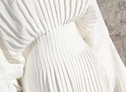 Pleated Long Sleeve Shirt Dress - White