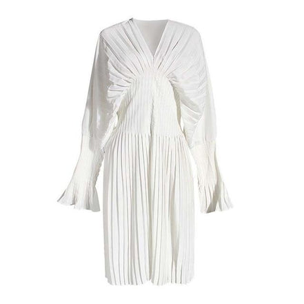 Pleated Long Sleeve Shirt Dress - White