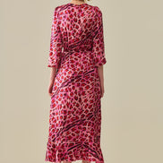 Maxi Wrap Dress in Satin Fuchsia Leopard Print