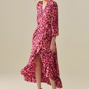 Maxi Wrap Dress in Satin Fuchsia Leopard Print