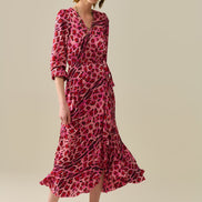 Maxi Wrap Dress in Satin Fuchsia Leopard Print