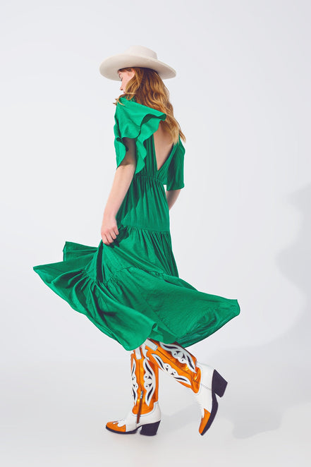 Green Smock v Neck Maxi Dress