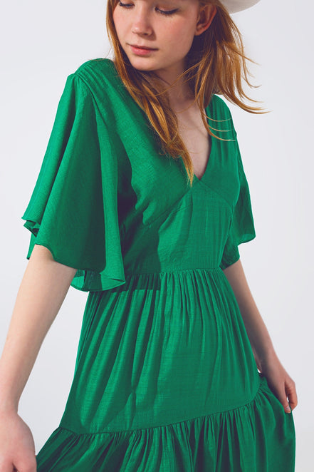 Green Smock v Neck Maxi Dress