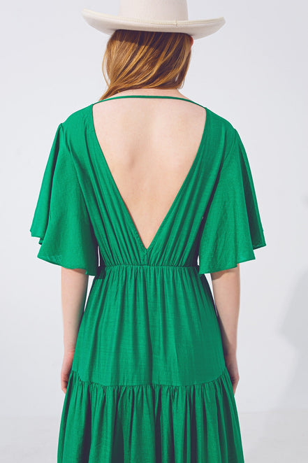 Green Smock v Neck Maxi Dress