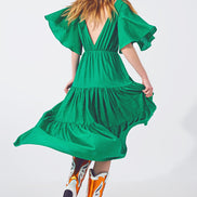 Green Smock v Neck Maxi Dress