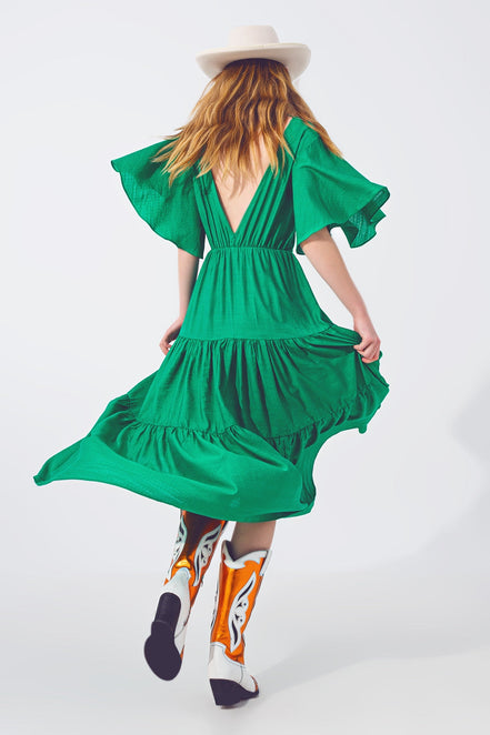 Green Smock v Neck Maxi Dress