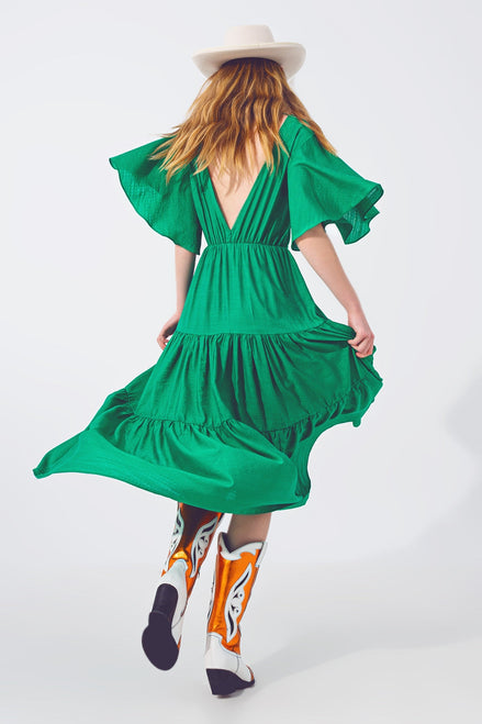 Green Smock v Neck Maxi Dress