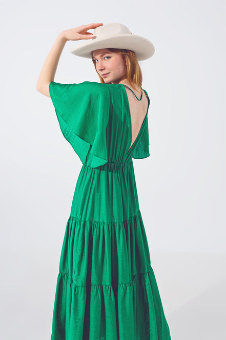 Green Smock v Neck Maxi Dress