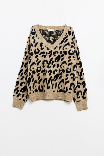 Soft Leopard Print Knit V-Neck Sweater