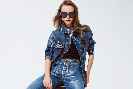 Straight Leg Jeans With Silver Metallic Finish